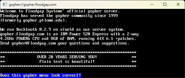 Screenshot of the browser showing a Gopher page